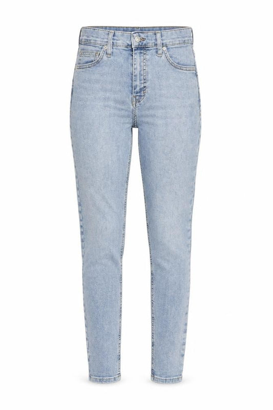 Front view of Topshop women’s blue cotton skinny jeans, size UK 26, in, 27-inch leg regular zip