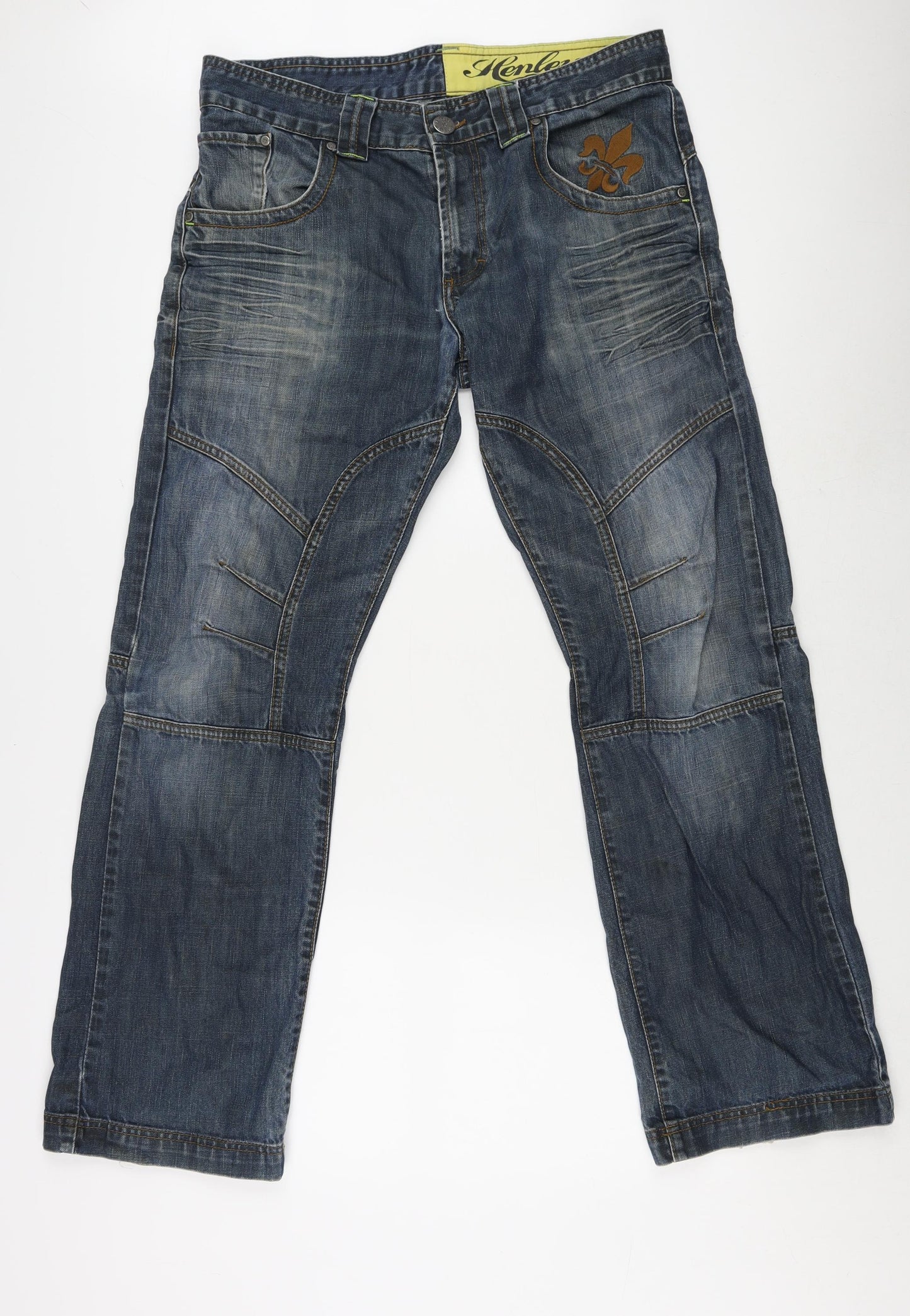 Henleys Mens Blue Cotton Straight Jeans Size 34 in L31 in Regular Zip