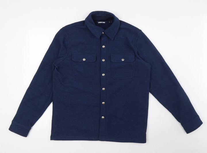 Lands' End Womens Blue Polyester Basic Button-Up Size S Collared