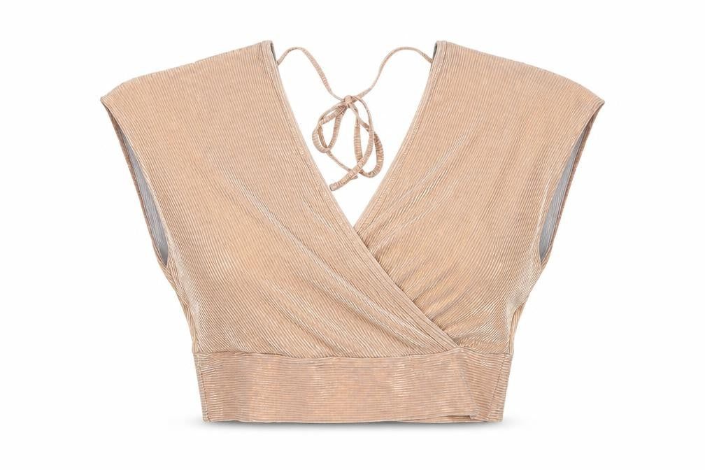 Front view of Miss Selfridge women’s pink polyester cropped blouse, size UK 10, v-neck