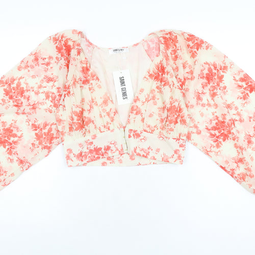 Saint Genies Womens Ivory Floral Polyester Cropped Blouse Size 8 V-Neck