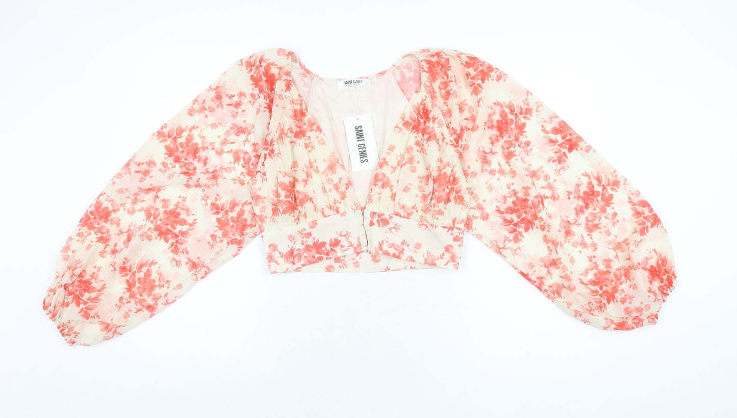 Saint Genies Womens Ivory Floral Polyester Cropped Blouse Size 8 V-Neck