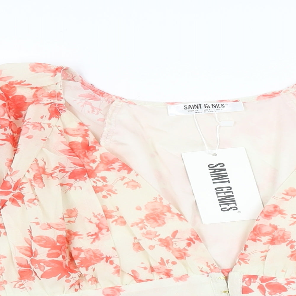 Saint Genies Womens Ivory Floral Polyester Cropped Blouse Size 8 V-Neck