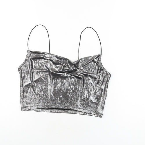 H&M Womens Silver Polyester Cropped T-Shirt Size S Cowl Neck