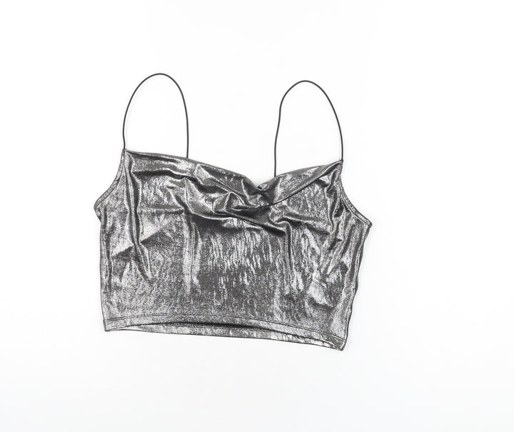 H&M Womens Silver Polyester Cropped T-Shirt Size S Cowl Neck