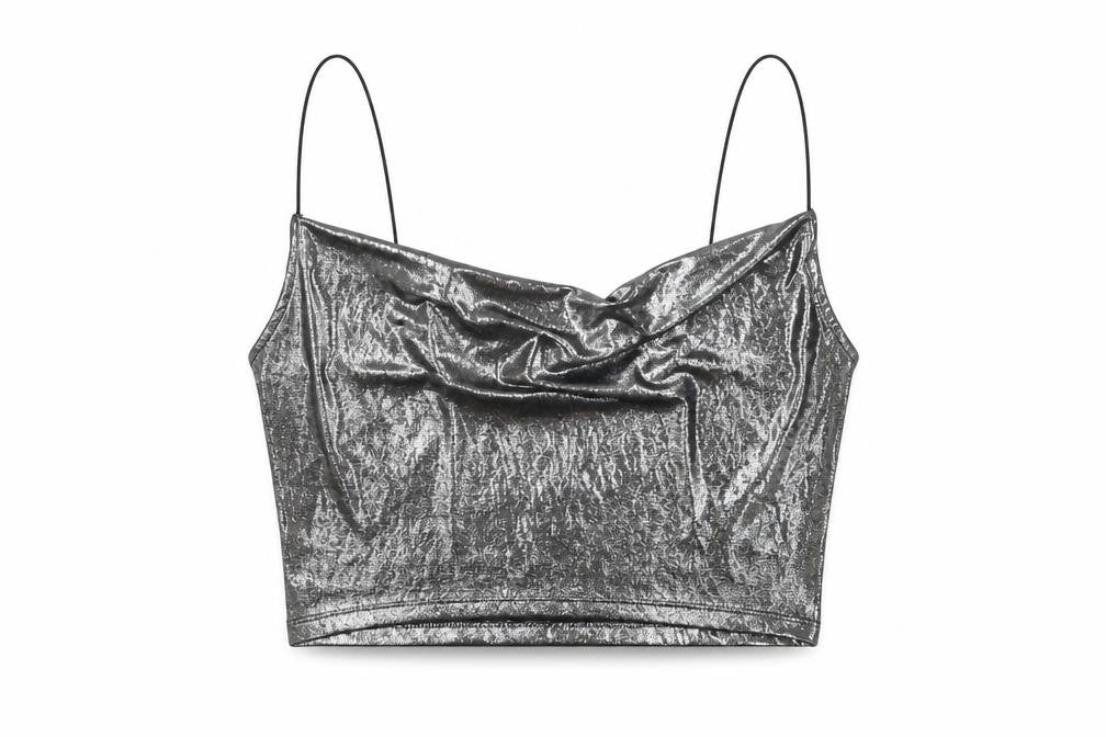 Front view of H&M women’s silver polyester cropped t-shirt, size S, cowl neck