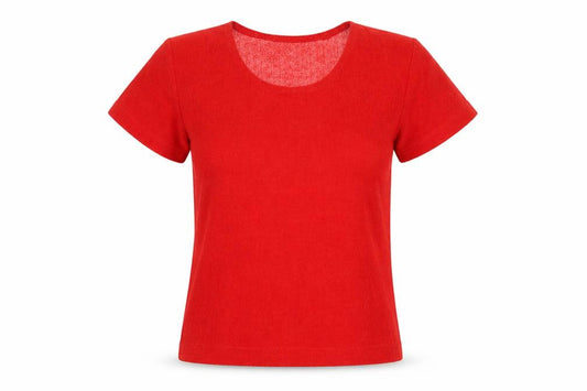 Front view of Theme women’s red polyester basic t-shirt, size UK 10, round neck