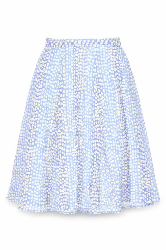 Front view of Travelling Light women’s blue geometric viscose swing skirt, size UK 18, zip