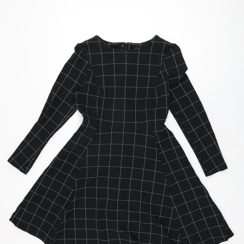 Marks and Spencer Womens Black Plaid Polyester Skater Dress Size 12 Round Neck Zip