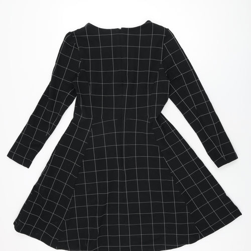 Marks and Spencer Womens Black Plaid Polyester Skater Dress Size 12 Round Neck Zip