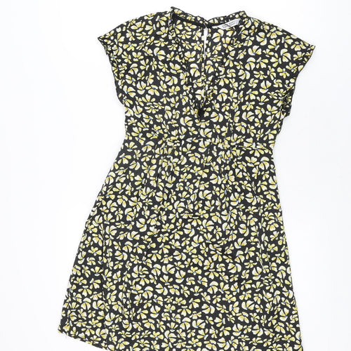 Zara Womens Black Floral Polyester Skater Dress Size XS V-Neck Button
