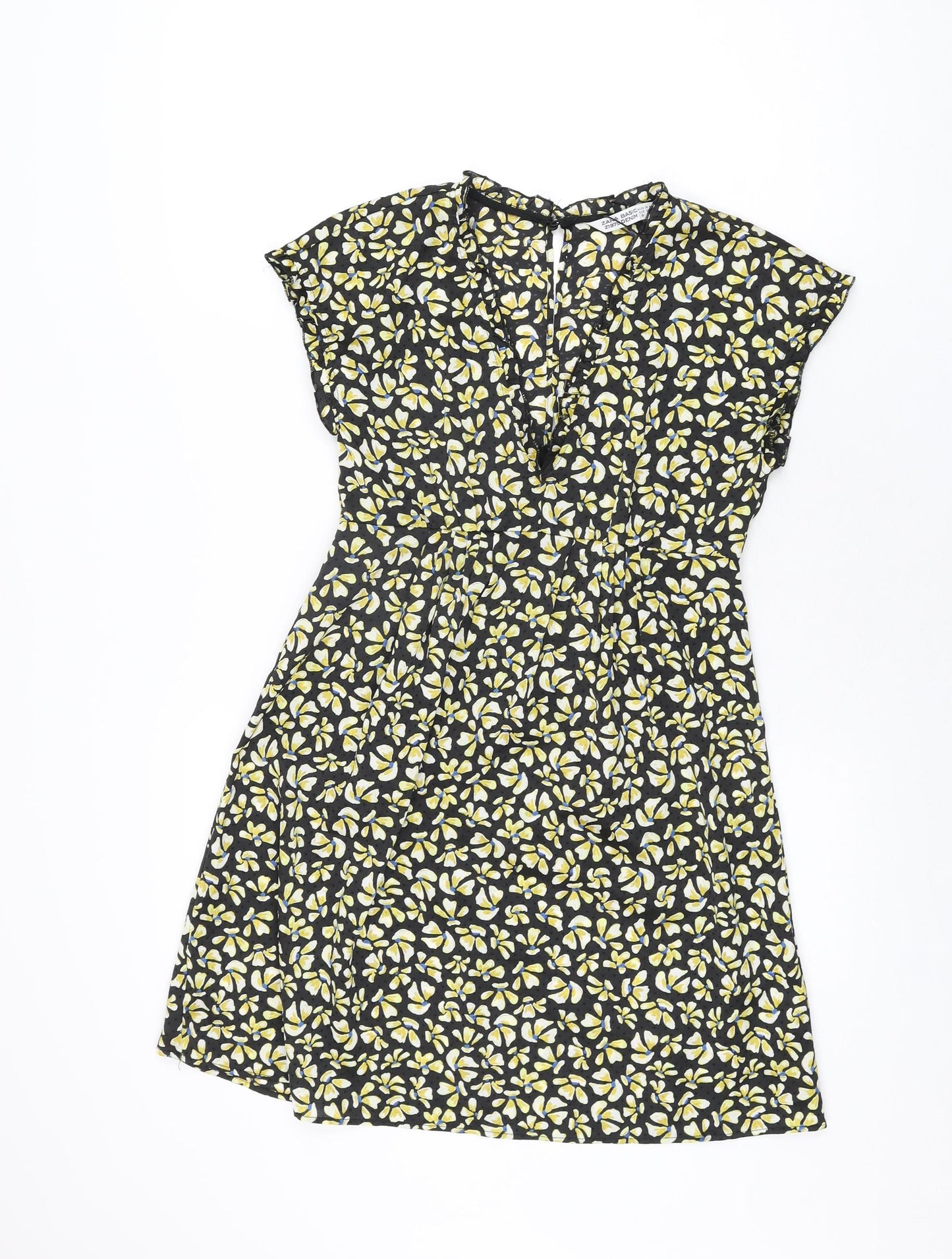 Zara Womens Black Floral Polyester Skater Dress Size XS V-Neck Button