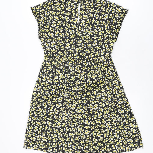 Zara Womens Black Floral Polyester Skater Dress Size XS V-Neck Button