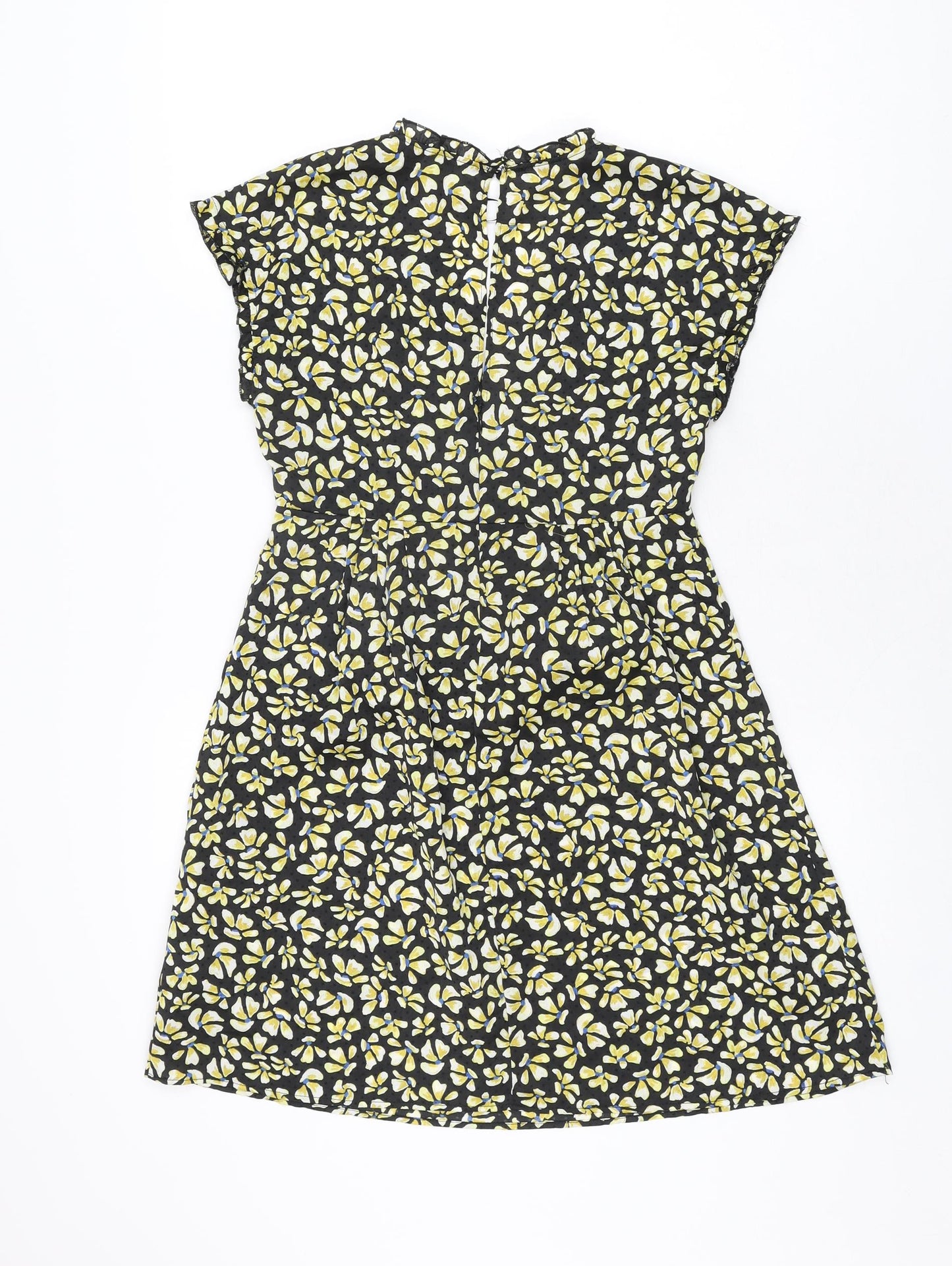 Zara Womens Black Floral Polyester Skater Dress Size XS V-Neck Button