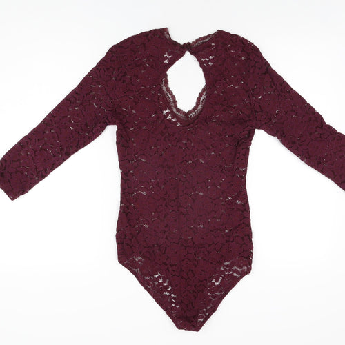Bershka Womens Red Floral Polyester Bodysuit One-Piece Size M Snap