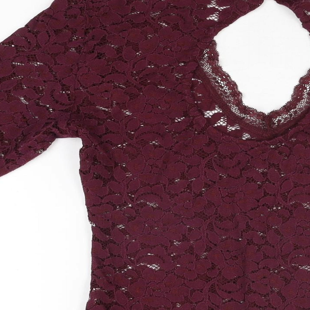 Bershka Womens Red Floral Polyester Bodysuit One-Piece Size M Snap