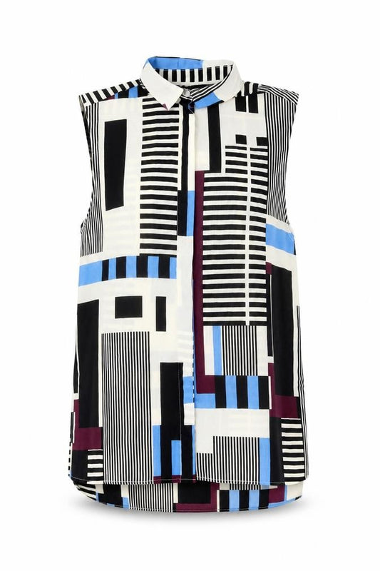 Front view of Topshop women’s multicoloured geometric polyester basic button-up, size UK 8, collared