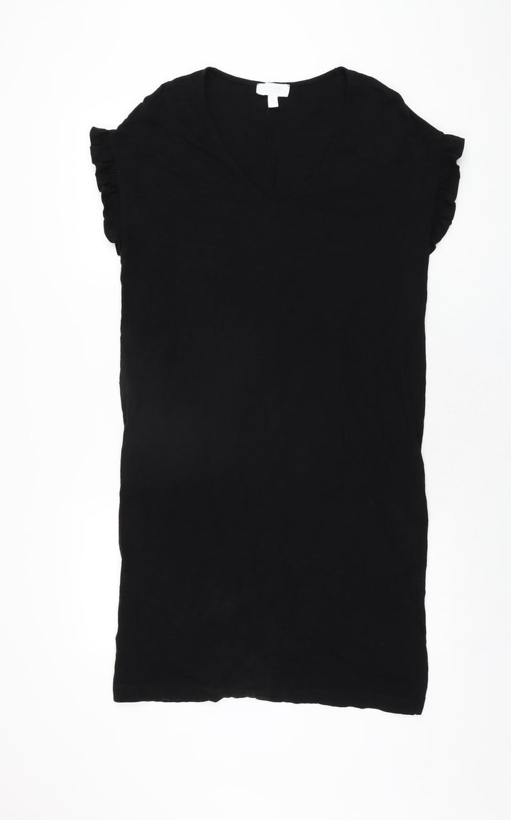 The White Company Womens Black Cotton T-Shirt Dress Size 4 V-Neck Pullover