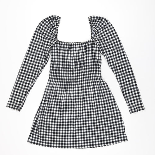 H&M Womens Black Gingham Polyester Mini Size S Square Neck Pullover