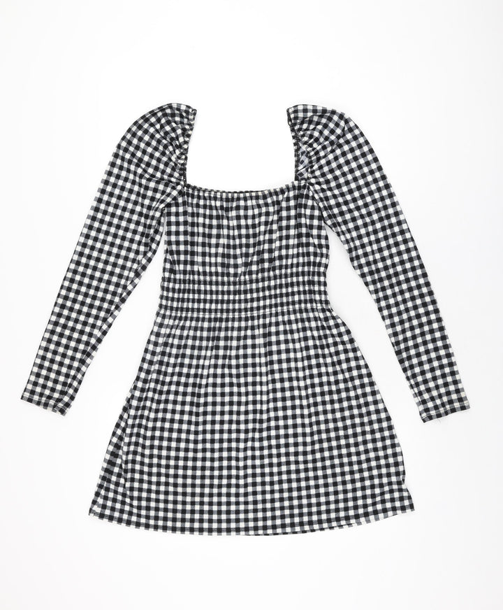 H&M Womens Black Gingham Polyester Mini Size S Square Neck Pullover