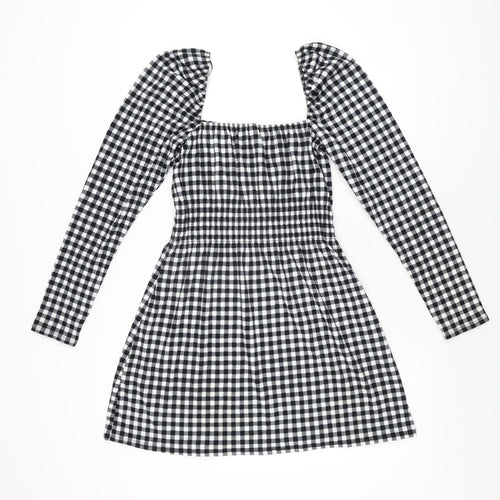 H&M Womens Black Gingham Polyester Mini Size S Square Neck Pullover