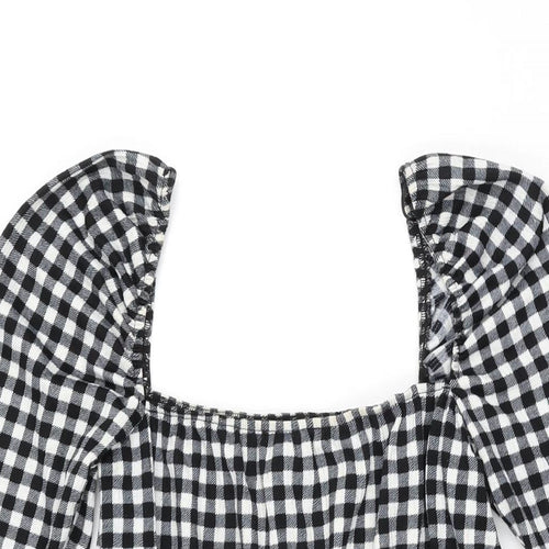 H&M Womens Black Gingham Polyester Mini Size S Square Neck Pullover