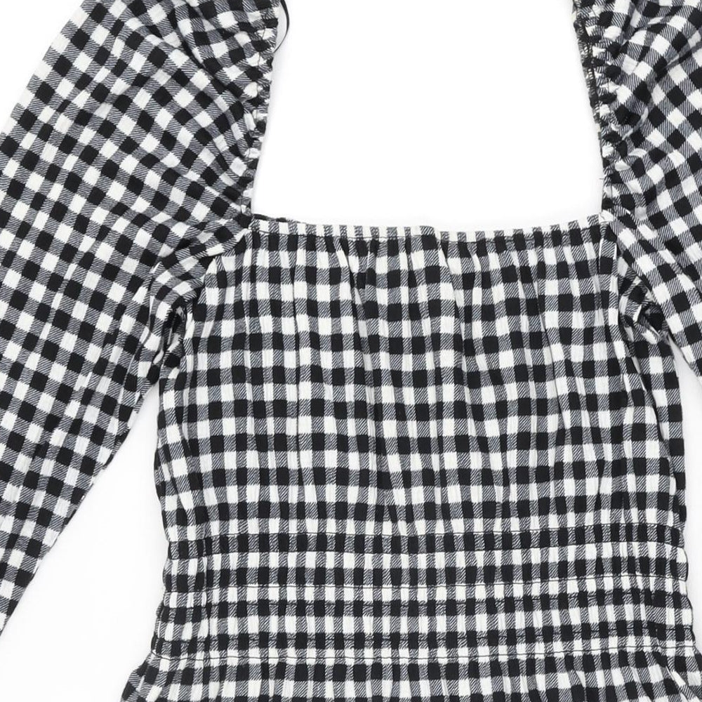 H&M Womens Black Gingham Polyester Mini Size S Square Neck Pullover