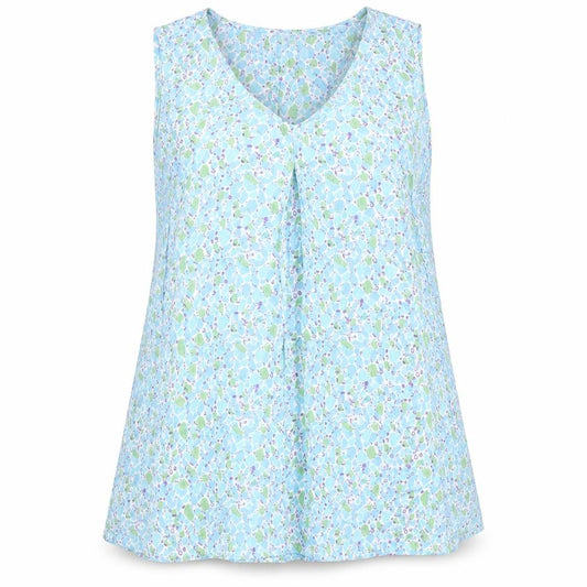 Front view of Cerulean Collection women’s blue geometric viscose basic t-shirt, size M, v-neck