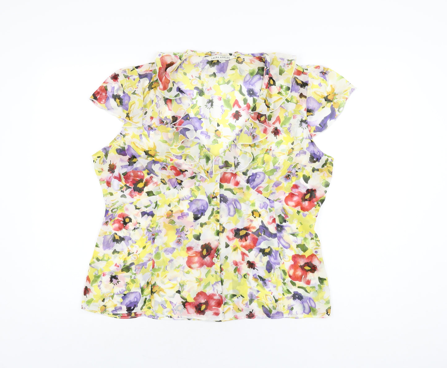 Laura Ashley Womens White Floral Polyester Basic Button-Up Size 16 V-Neck