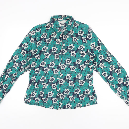 EAST Womens Green Floral Cotton Basic Button-Up Size 12 Collared