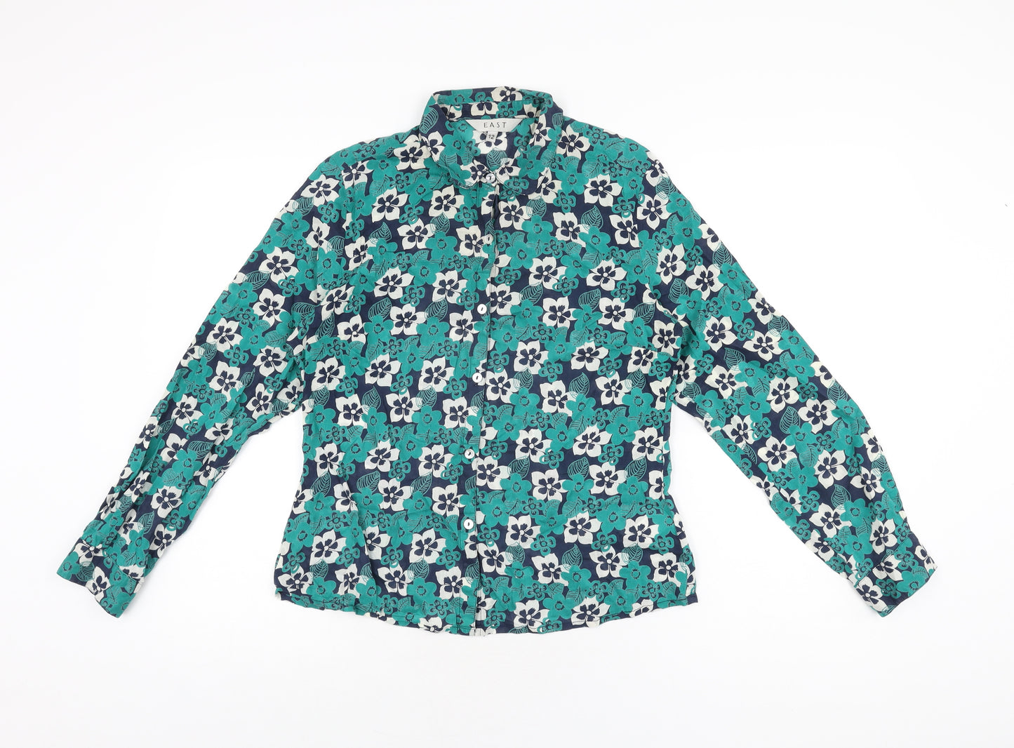 EAST Womens Green Floral Cotton Basic Button-Up Size 12 Collared
