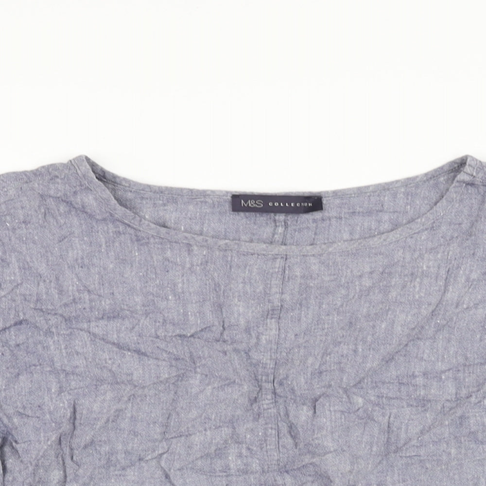 Marks and Spencer Womens Blue Linen Basic T-Shirt Size 12 Round Neck