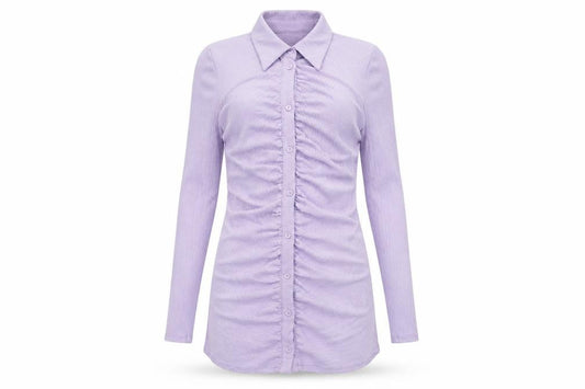 Front view of Monki women’s purple polyester bodycon, size S, collared button