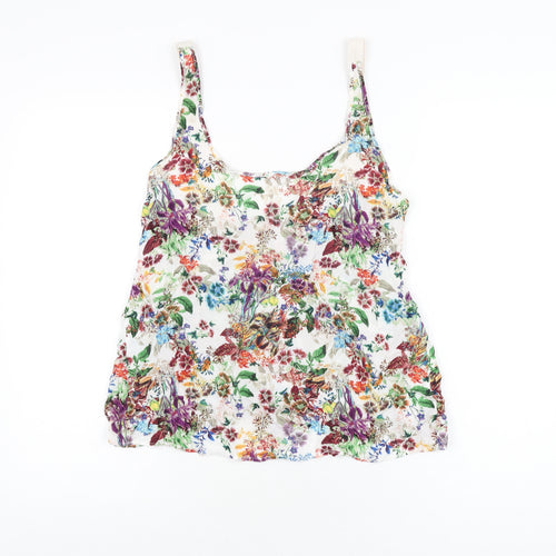 Pull&Bear Womens White Floral Viscose Basic T-Shirt Size S Scoop Neck