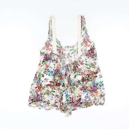 Pull&Bear Womens White Floral Viscose Basic T-Shirt Size S Scoop Neck