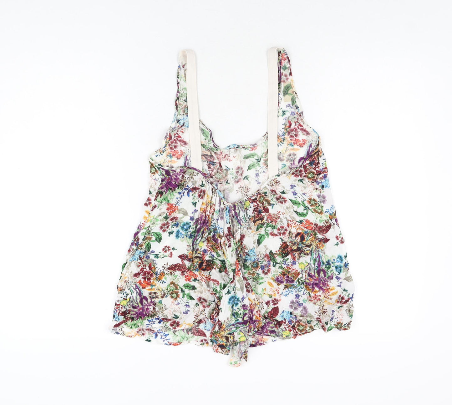 Pull&Bear Womens White Floral Viscose Basic T-Shirt Size S Scoop Neck