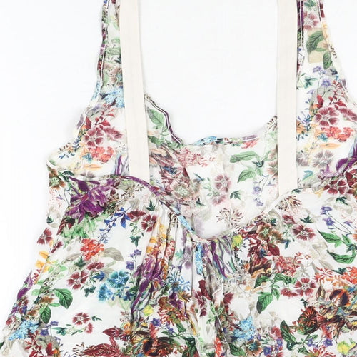 Pull&Bear Womens White Floral Viscose Basic T-Shirt Size S Scoop Neck