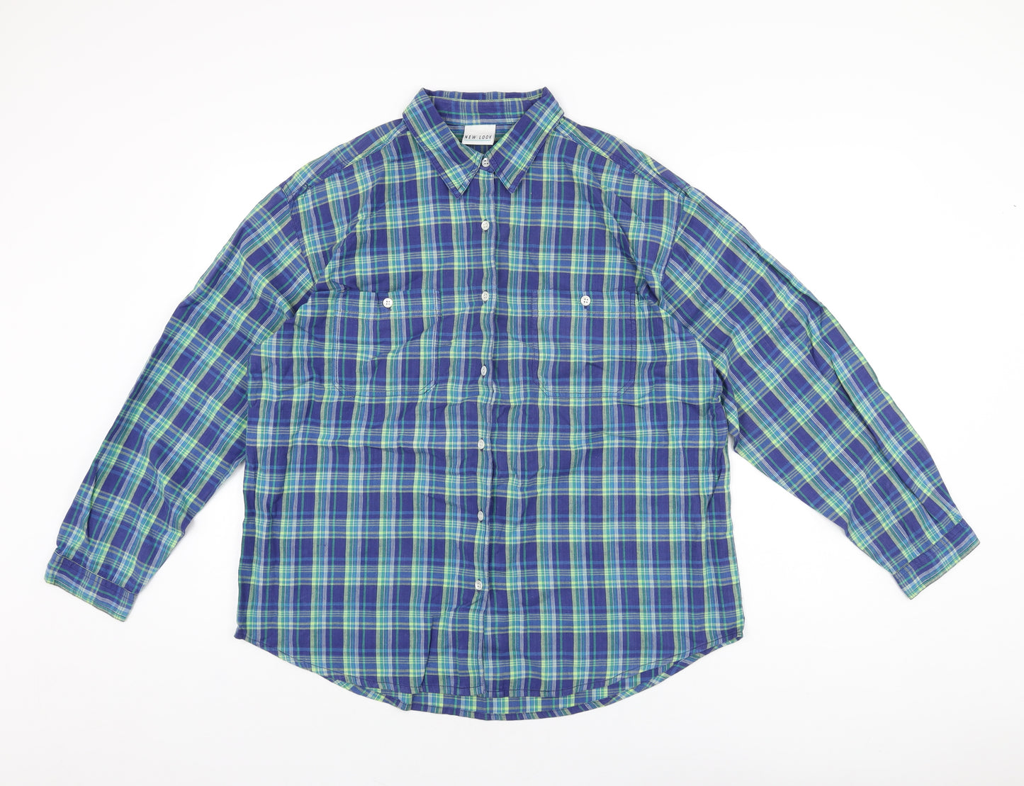 New Look Mens Blue Plaid Polyester Button-Up Size L Collared Button