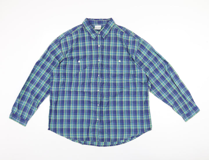 New Look Mens Blue Plaid Polyester Button-Up Size L Collared Button