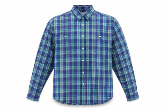 Front view of New Look men’s blue plaid polyester button-up, size L, collared button