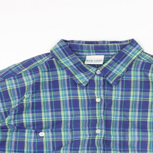 New Look Mens Blue Plaid Polyester Button-Up Size L Collared Button