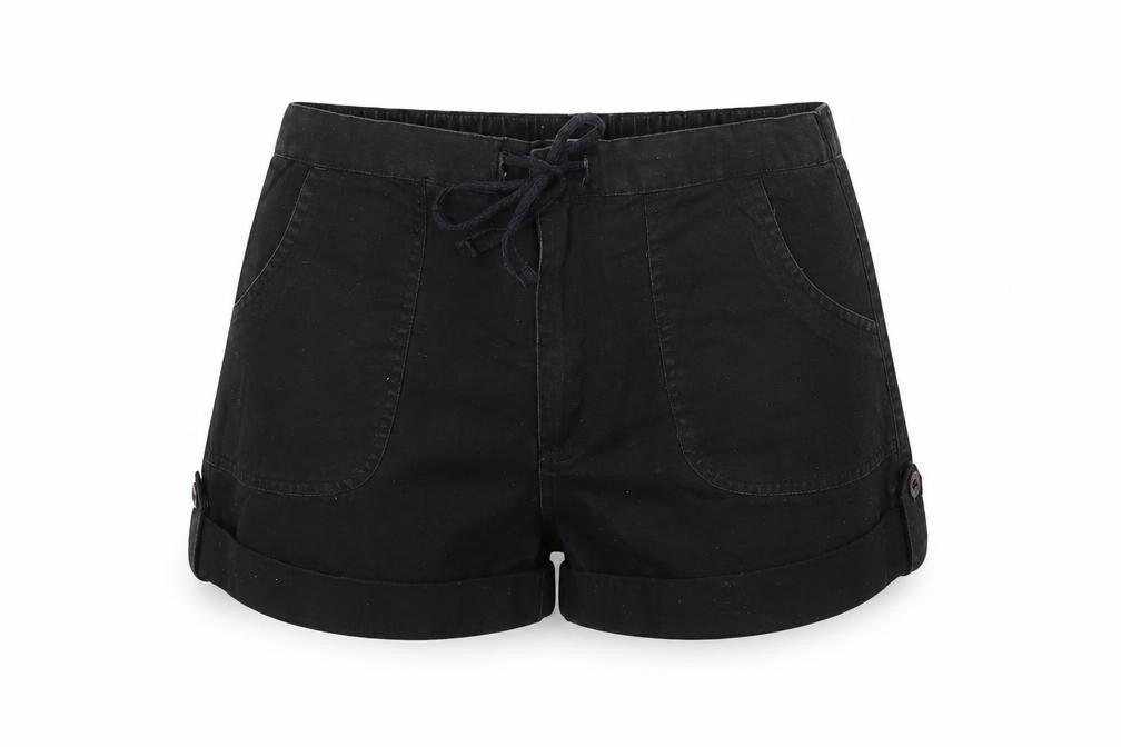 Front view of Best Mountain women’s black cotton hot pants shorts, size UK 10, regular zip