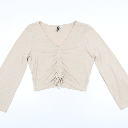H&M Womens Beige Viscose Cropped T-Shirt Size L V-Neck