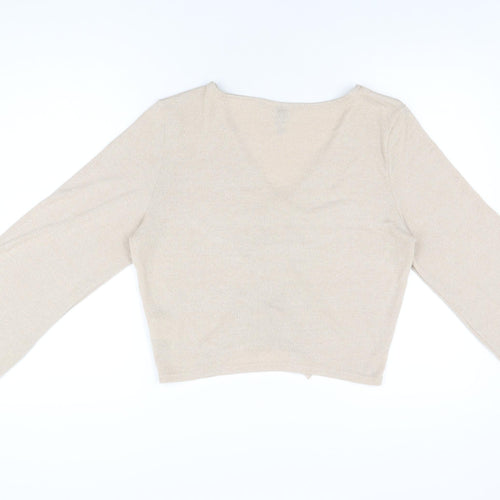 H&M Womens Beige Viscose Cropped T-Shirt Size L V-Neck