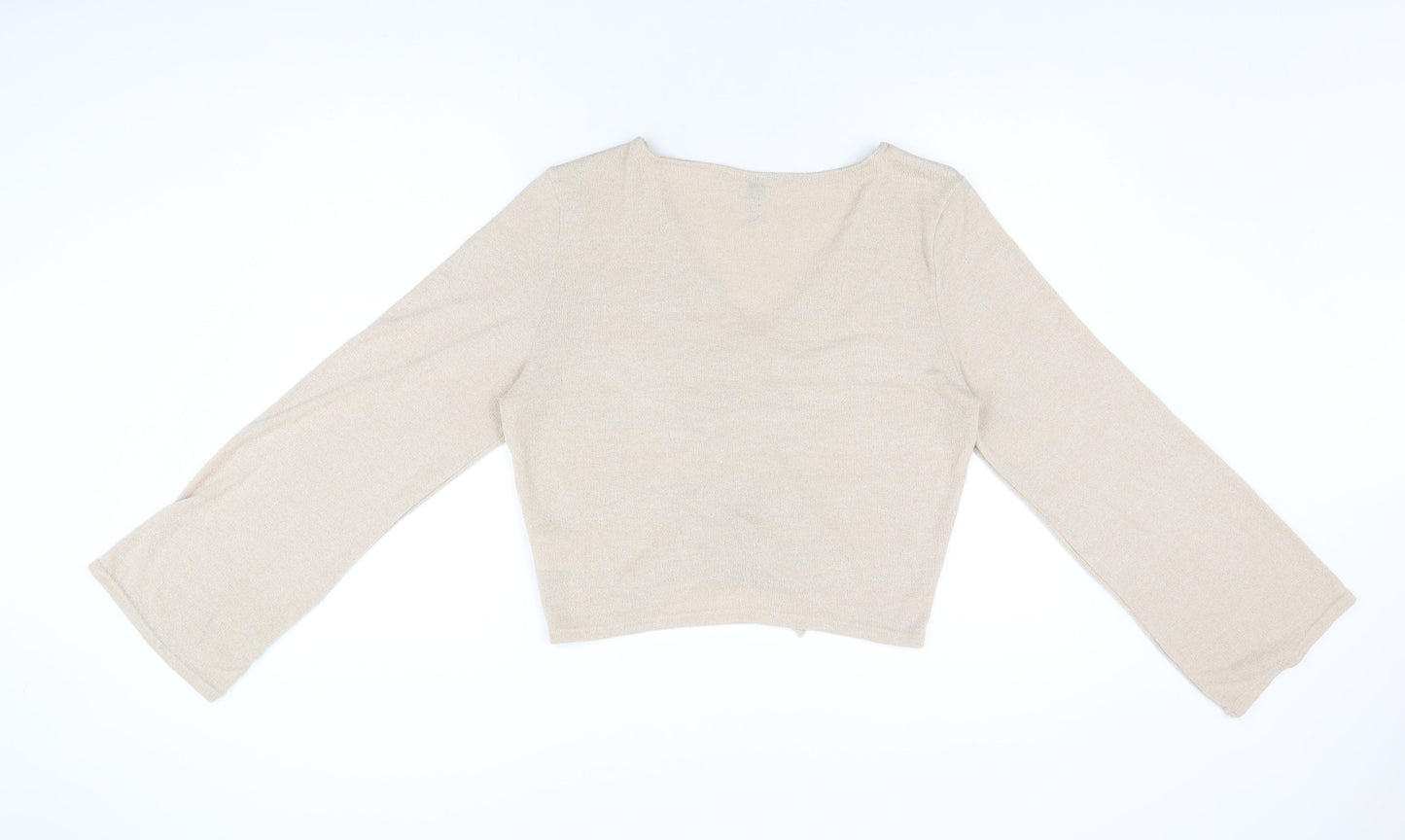 H&M Womens Beige Viscose Cropped T-Shirt Size L V-Neck