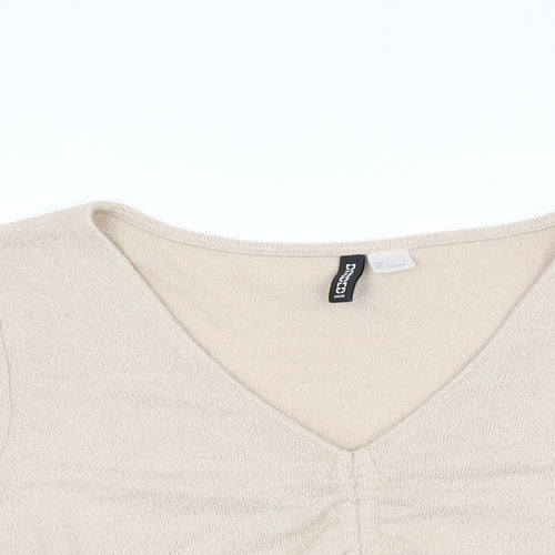 H&M Womens Beige Viscose Cropped T-Shirt Size L V-Neck