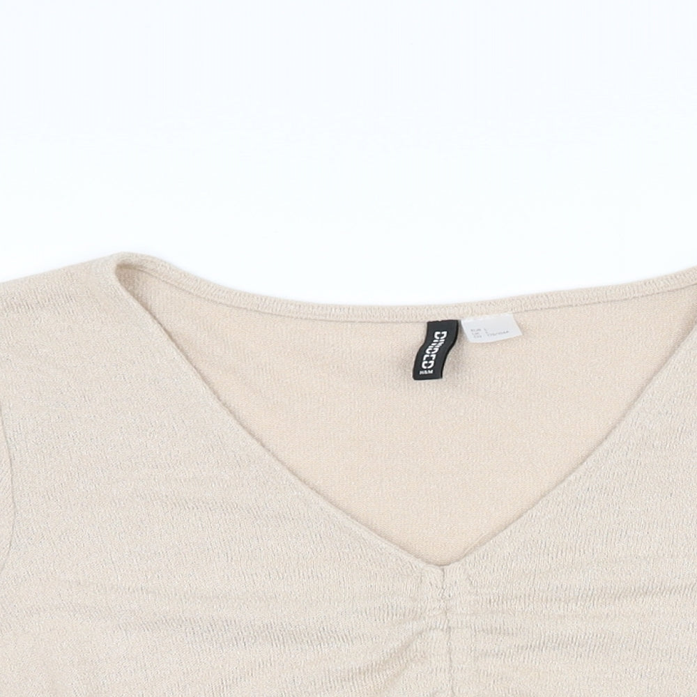 H&M Womens Beige Viscose Cropped T-Shirt Size L V-Neck
