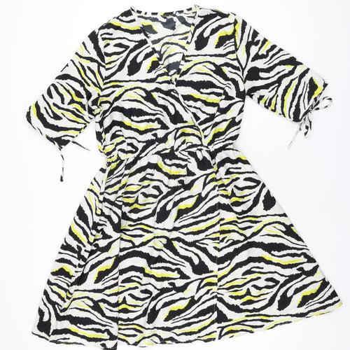 Influence Womens White Animal Print Polyester Skater Dress Size 10 V-Neck Pullover