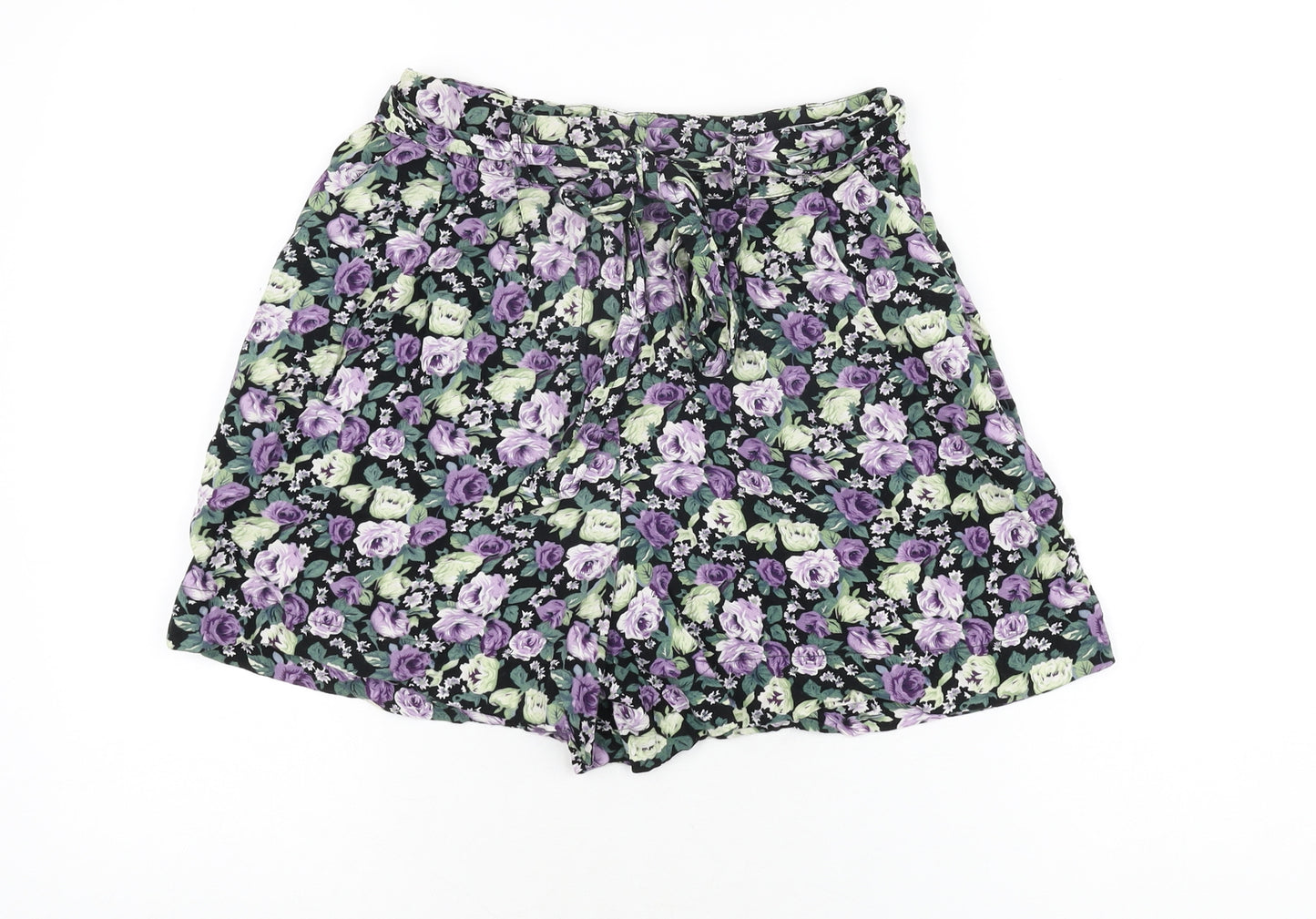 NEXT Womens Black Floral Viscose Basic Shorts Size 8 L3 in Regular Zip