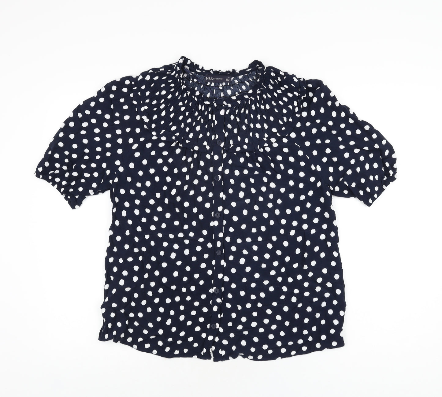 Marks and Spencer Womens Blue Polka Dot Viscose Basic Button-Up Size 12 Round Neck